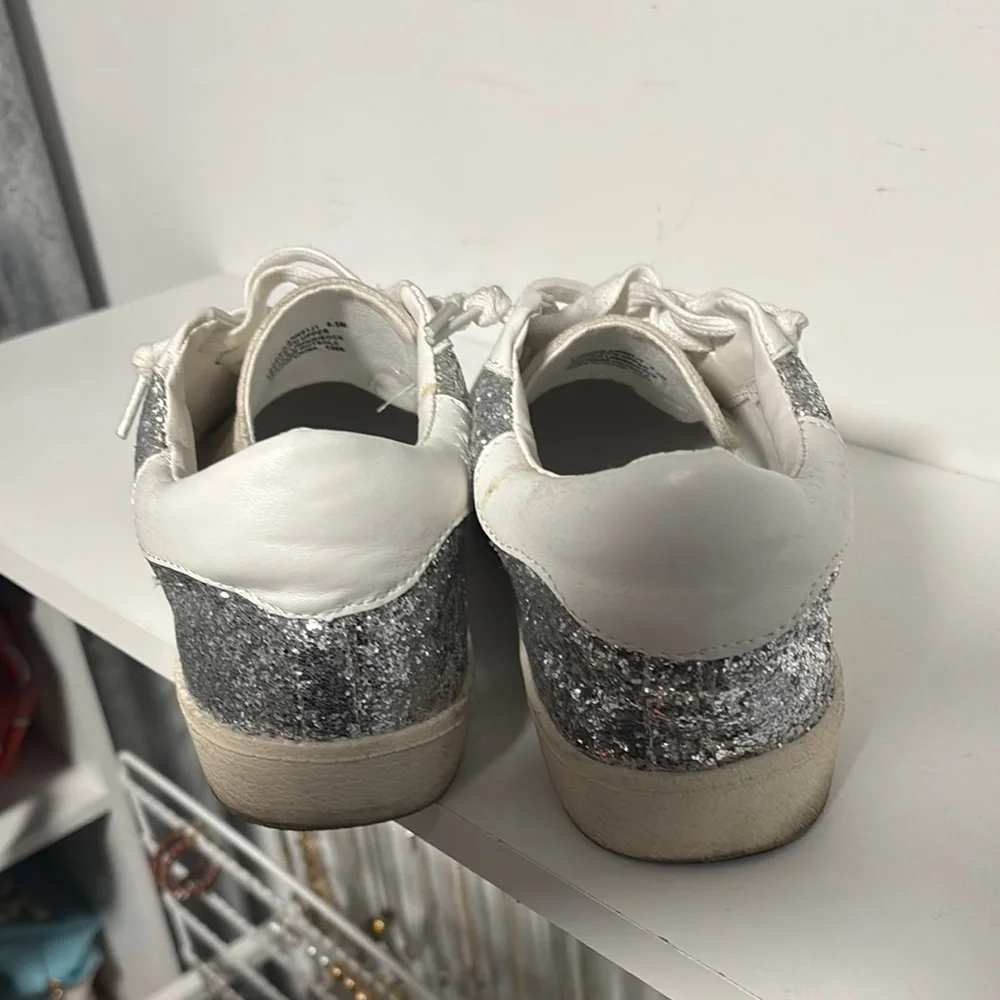 Madden Girl White and Gray Glitter Sneakers
